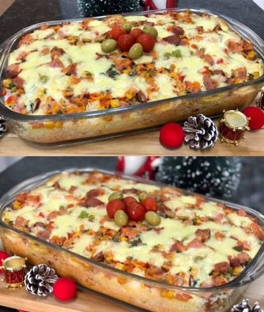 Arroz de Natal bem recheado e cremoso feito no forno