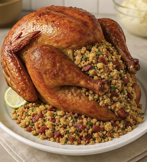 Frango assado recheado com Farofa crocante: eu sempre faço pra servir na refeição em família