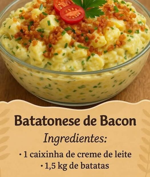 Batatonese de bacon: eu sempre faço aqui em casa, é sucesso garantido.