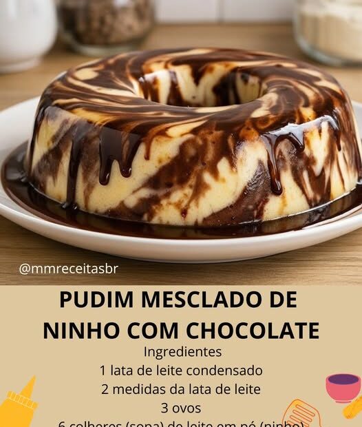 Pudim mesclado de ninho com chocolate, fácil de fazer e com sabor irresístivel