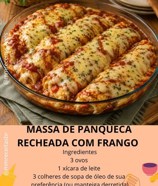 MASSA DE PANQUECA RECHEADA COM FRANGO E CATUPIRY