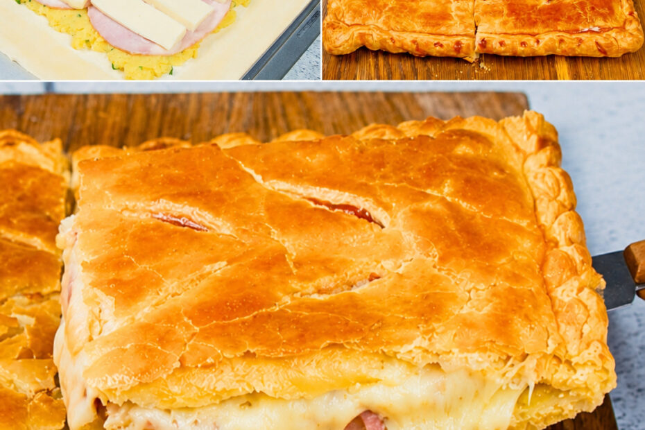 Torta rápida de massa folhada com presunto, batata e queijo