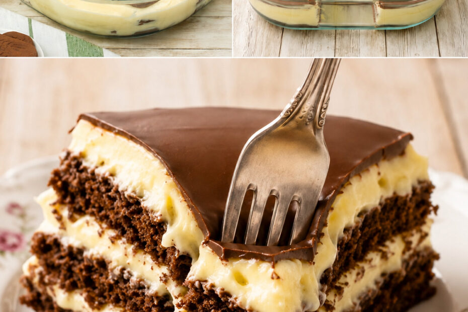 Pavê de biscoito com creme e cobertura de chocolate