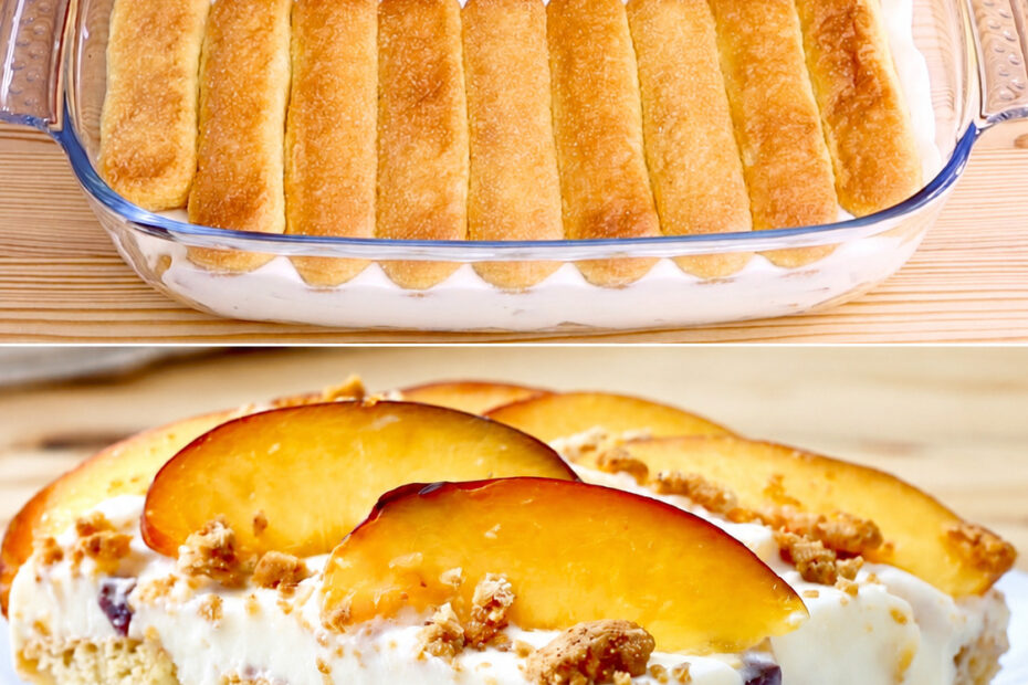 Tiramisù de pêssego fresco e cremoso Tiramisù de pêssego fresco e cremoso