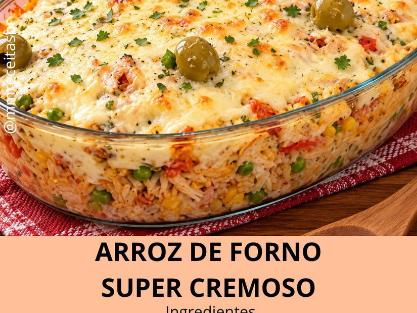 Arroz de forno super cremoso com frango e queijo Arroz de forno super cremoso com frango e queijo