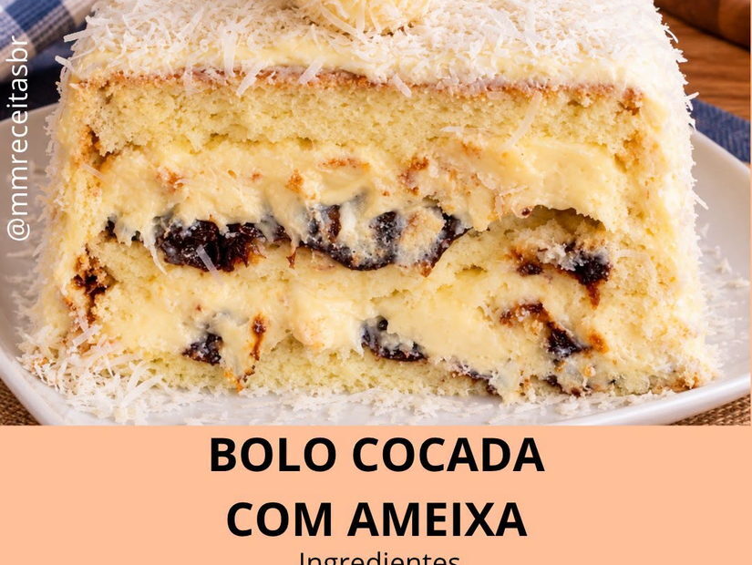 Bolo cocada com ameixa: pão de ló, recheio cremoso e marshmallow